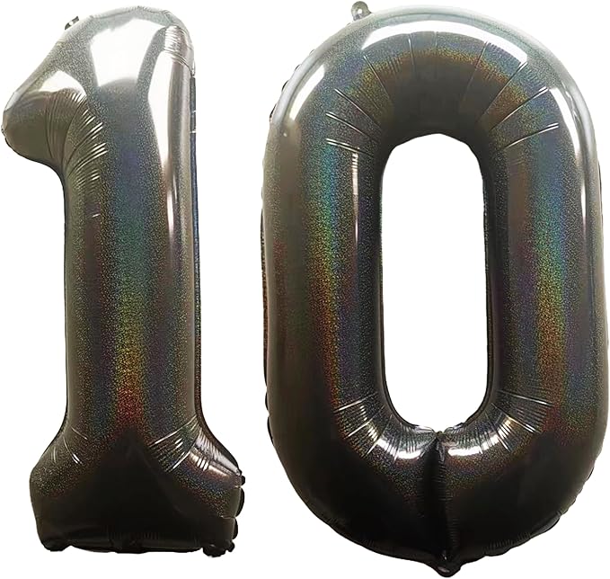 Laser Black Number 10 Balloons 40 Inch Giant Number Black 10 Foil Mylar Balloons for 10th Birthday Anniversary Events Party Decorations