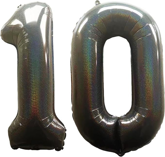 Laser Black Number 10 Balloons 40 Inch Giant Number Black 10 Foil Mylar Balloons for 10th Birthday Anniversary Events Party Decorations