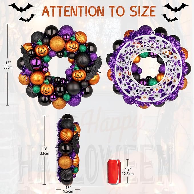 Halloween Wreath for Front Door, 13 inch Small Halloween Ball Wreath with Pumpkins Bats Shatterproof Front Door Wreaths Orange/Purple/Black Ball Ornament for Wall Mantel Porch Indoor Outdoor Decor