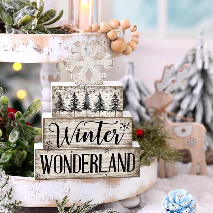 4 Pcs Christmas Table Decorations Wooden Snowflake Decor Winter Tiered Tray Decor Rustic Snow Block Signs Gift Farmhouse Christmas Centerpiece for Winter Wonderland Party Kitchen Home
