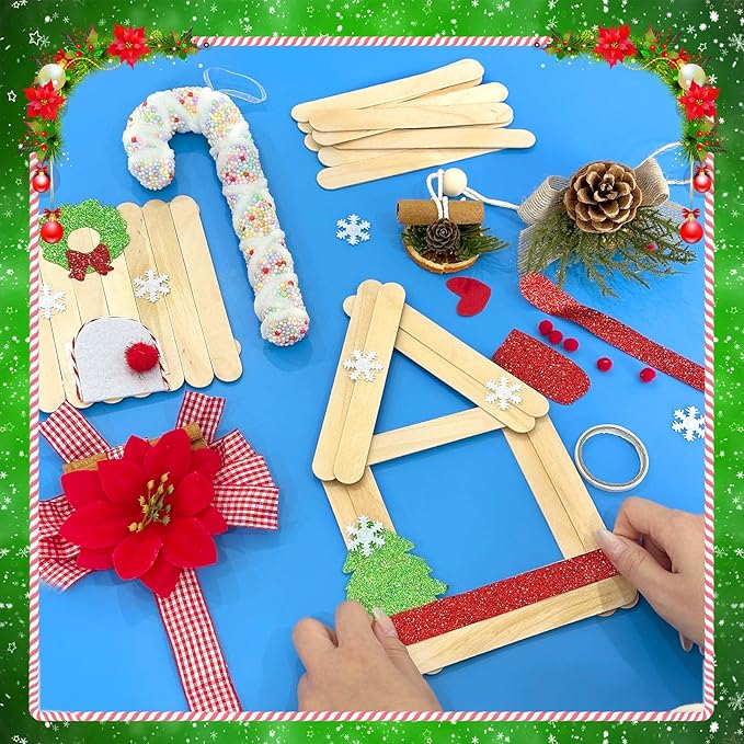 Yoloodayy 12 Set Christmas Craft Kits Popsicle Stick Christmas Ornaments 6 Designs DIY Popsicle Stick Xmas House Decorations Art Craft Supplies for Xmas Holiday Classroom Activities Party Favors