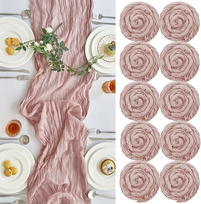 IVAPUPU 10 Pcs Cheesecloth Table Runner - 10ft Dusty Pink Boho Gauze Cheese Cloth Table Runners for Baby Shower Decoration Wedding Party Summer Garden Farmhouse