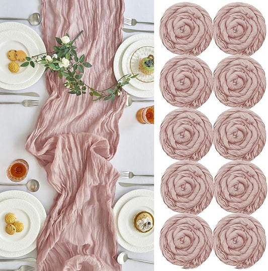IVAPUPU 10 Pcs Cheesecloth Table Runner - 10ft Dusty Pink Boho Gauze Cheese Cloth Table Runners for Baby Shower Decoration Wedding Party Summer Garden Farmhouse