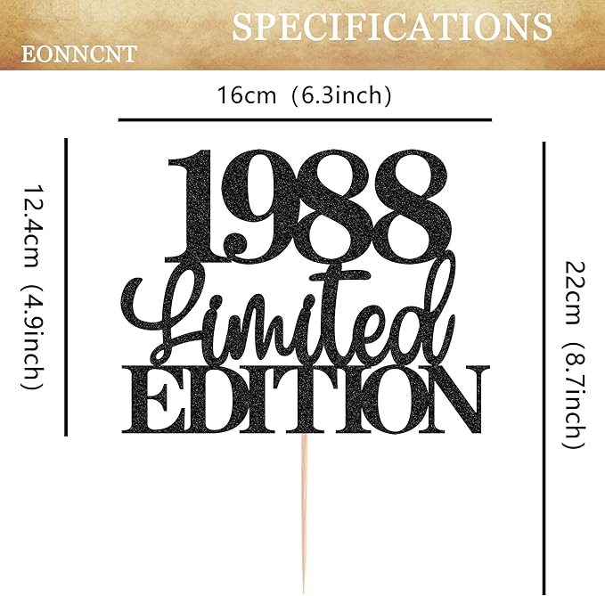 Limited EDITION 1988 Cake Topper - Black Glitter Happy 37th Birthday Party Cake Decoration Supplies, Cheer to 37 Years Cake Bunting Decor for 37th Birthday Party Photo Booth Props