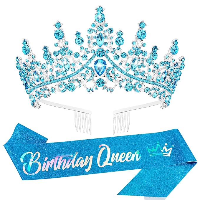 Velscrun Blue Crystal Birthday Queen Tiara Crown for Women Girls Birthday Queen Headband Sash Elegant Princess Crown with Combs Hair Accessories Happy Birth Party Decorations Mom Birth Gift