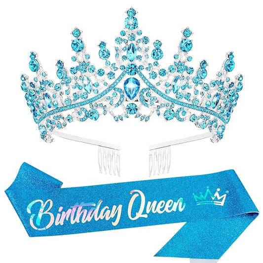 Velscrun Blue Crystal Birthday Queen Tiara Crown for Women Girls Birthday Queen Headband Sash Elegant Princess Crown with Combs Hair Accessories Happy Birth Party Decorations Mom Birth Gift