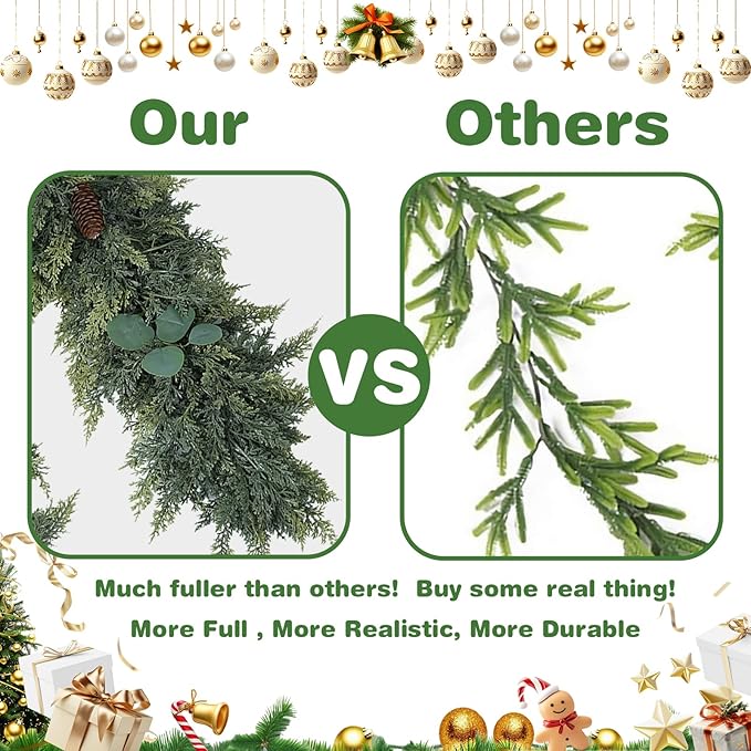 6FT Norfolk Pine Garland, Cedar Garlands with Eucalyptus,Artificial Pine Garland Christmas Decorations for Mantle Fireplace Outdoor Staircase