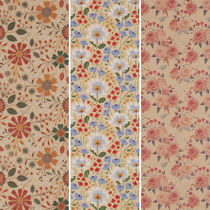 Aimyoo Kraft Floral Wrapping Paper Bundle, Vintage Spring Flowers Rose Gift Wrap Paper for Wedding Bridal Shower Birthday, 3 Rolls 17 in x 12 ft per Roll