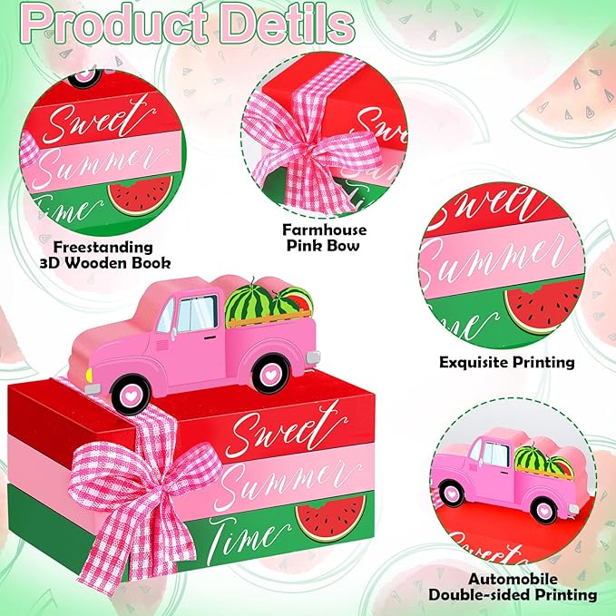 Chunful 4 Pcs Watermelon Tiered Tray Decor Mini Summer Decor Summer Table Decorations Wooden Decorative Books Stack for Home Kitchen Party Shelf Farmhouse Accessories(Watermelon)