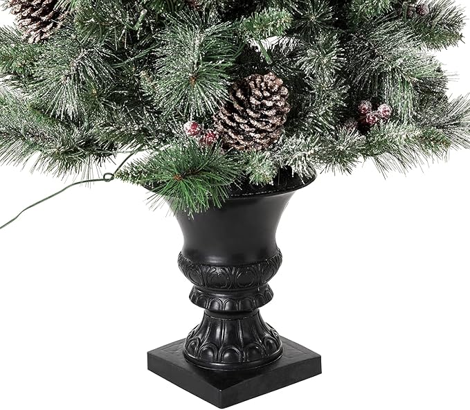 Glitzhome 5ft Pre-Lit Flocked Christmas Tree with Red Berries and Pine Cones, 130 Warm White Lights, 372 PVC & Pine Needle Mixed Tips, Potted Christmas Tree for Porch Home Holiday Decor