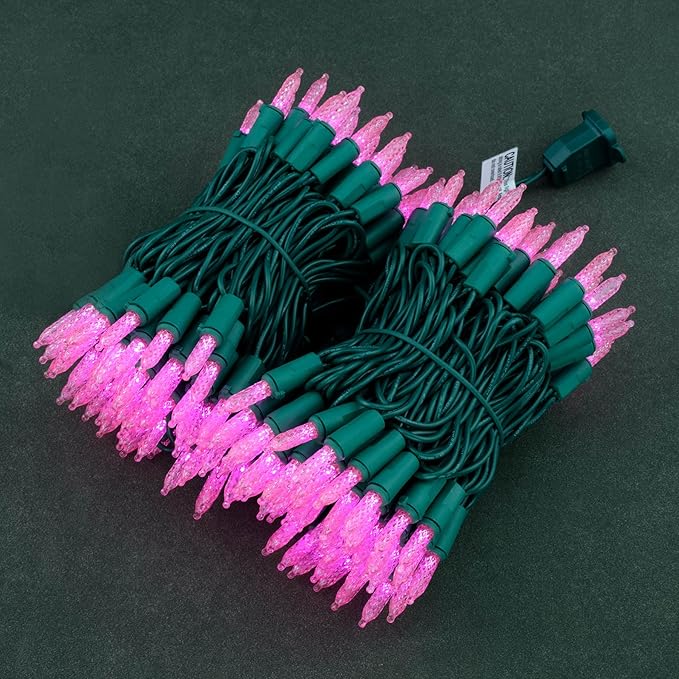 YULETIME Pink LED Faceted Christmas Lights 200 Count 50 ft, Pack of 2 Strands 25 ft 100 Lights UL Certified Commercial Grade Green Wire Mini Holiday String Light Set (Pink)