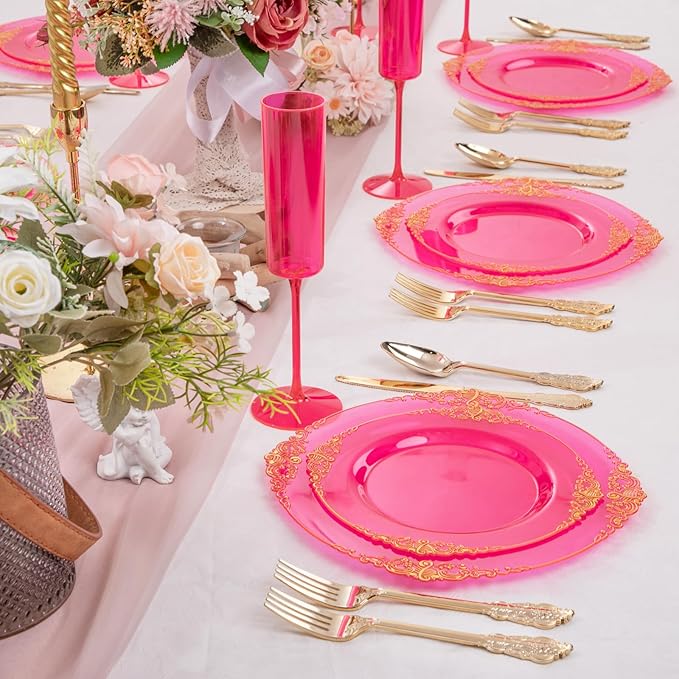 125PCS Hot Pink Plastic Plates - Clear Pink Gold Disposable Plates - Hot Pink Party Plate with Gold Plastic Silverware Set for 25 Guests for Wedding Party Birthday