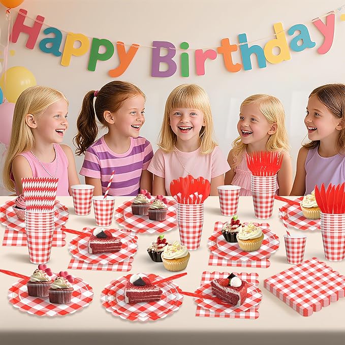 192 PCS Gingham Party Supplies Serve 24 Guests Gingham Plates and Napkins and Cups for Birthday Decorations Baby Shower Checkered Party Dinnerware Sets for Girl Boy Light Red Christmas