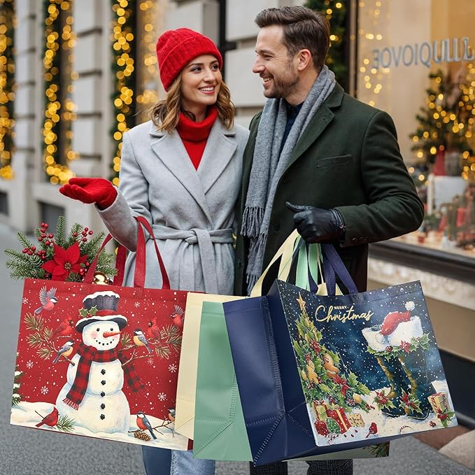 YANGTE 24 Pack Extra Large Christmas Gift Bags with Handles, Reusable Non-Woven Christmas Bags for Presents Wrapping Holiday Xmas Party Favors Supplies(16.7" x 12.6" x 6.7")