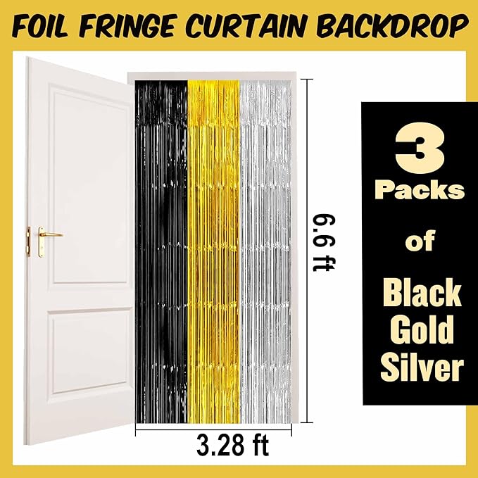 3 Pack Black Gold Silver Foil Fringe Curtains Backdrop, 3.28 x 6.6 Ft Metallic Streamers Tinsel Curtains Background for Photo Booth, Birthday, Halloween, Christmas, New Year Party Decorations