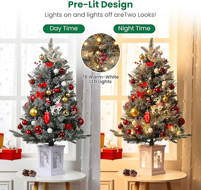GarveeHome 3FT Prelit Christmas Tree with 78 Warm Lights & Red Berry, Artificial Xmas Trees with Snowman Light Box Base, for Home, Office, Fireside Christmas Decoration, Set of 2