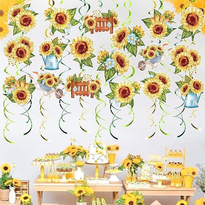 Sunflower Party Hanging Swirls, 48 Pcs,Rustic Horticulture Garden Party Decoration Sign,Flower Theme Party Supplies for Birthday,Baby Shower, Wedding,Yellow Black Green