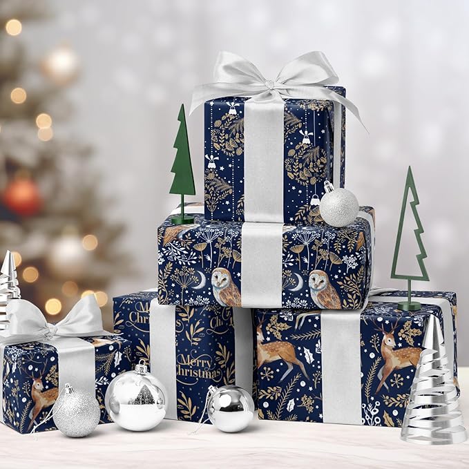 RUSPEPA Christmas Kraft Wrapping Paper Roll - Blue Owl, Reindeer, Christmas Ball and Text Design - 17 inches x 10 feet per Roll, Total of 4 Rolls