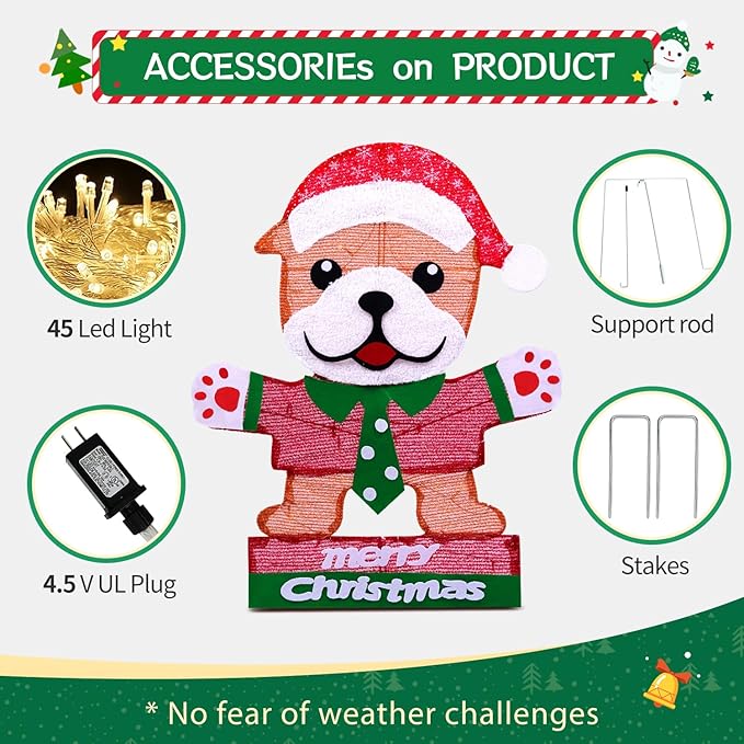 Domkom Lighted Bulldog Christmas Decoration, 30 Inch Pre-Lit Cute Dog with Christmas Hat 45 LED Warm Lights for Home Indoor Outdoor Yard Holiday Decor