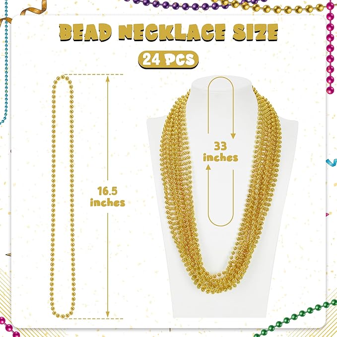 24 PCS Gold Bead Necklace, 33" Mardi Gras Beads Bulk, Mardi Gras Beaded Necklace Accessories, Round Necklaces Parade Throw Beads for Carnival Party Supplies Wedding Birthday