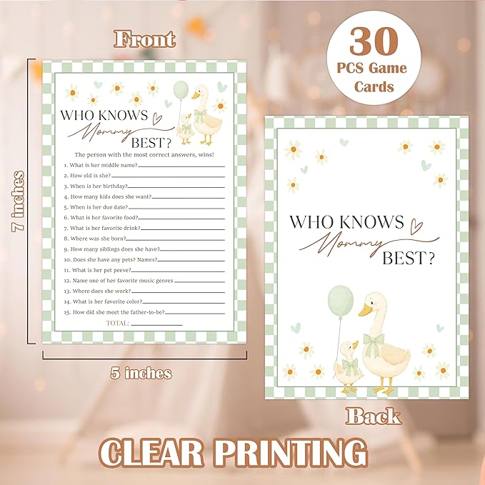 Goose Baby Shower Games, Sage Green Little Goose Who Knows Mommy Best Game for 30 Guests with Game Cards, Gender Reveal, Baby Shower Supplies & Decorations (DV18)