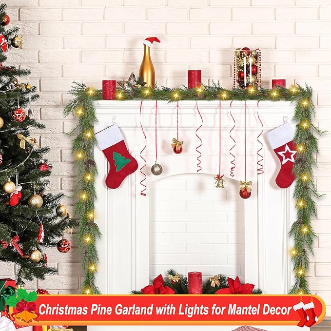 Artgar Pine Garland Realistic, 6 FT Cedar Garlands, Christmas Garland with 30 Warm Lights with 8 Light Modes, Garland Christmas Decorations for Mantels Stair Table Decor (Green)