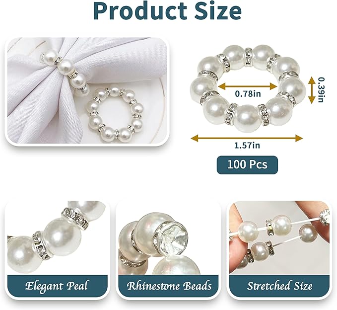 100 Pcs White Disposable Napkin Rings,Imitation Pearl Ring Napkin Holder Delicate White Beaded Serviette Buckles for Wedding Party Dinner Table Decor and Daily Use（100 pcs）