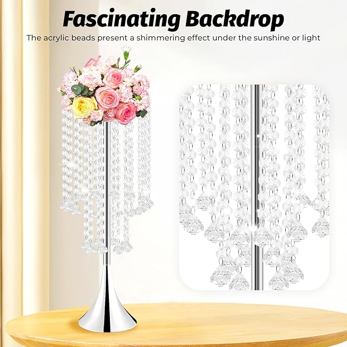10pcs Silver Vases Wedding Centerpieces, 21.9'' Tall Crystal Metal Vase Wedding Road Lead Flower Holders, Metal Crystal Centerpiece Table Decorations, Crystal Flower Stand for Wedding(Silver)