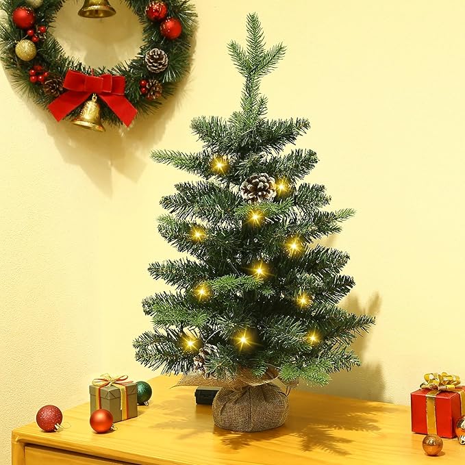 Joyhalo 2ft Small Christmas Tree with Lights Warm White, Pre Lit Table Top Christmas Tree, 61 Branches Mini Xmas Tree with Pine Cones for Room Office Classroom Decoration