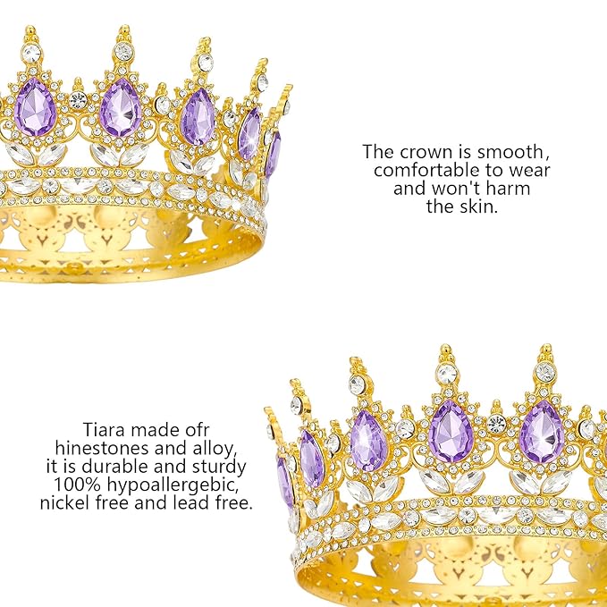 Queen Rhinestone Wedding Crown and Tiara for Women - Costume Party Hair Accessories, Princess Birthday Crystal Bridal Crown (Golden Purple)