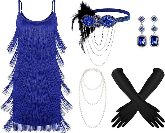 Zhanmai 6 Pcs Flapper Dress Flapper Costumes for Women 1920s Accessories Set Headband Pearl Necklace Earrings Gloves Stick