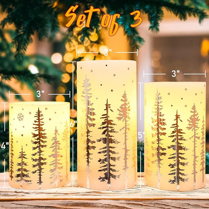 Christmas Flameless Candles, Battery Operated, Hot Stamping Silver Xmas Tree LED Flickering Candles with Remote and Timer, Holiday Decorative Pillar for Xmas, Party, Bedroom