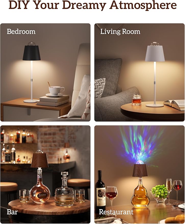 Joyzy Table Lamp with Projector Lighting, Wireless Wine Bottle Lamps Rechargeable Wine Bottle Lights Water Wave Ripple Projection Liquor Bottle Room Decoration Light Ambient for Bar Restaurants