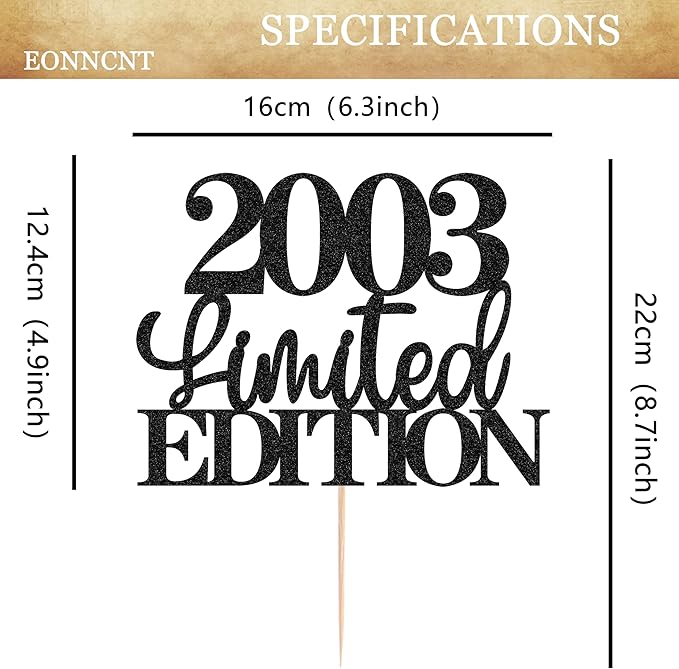 Limited EDITION 2003 Cake Topper - Black Glitter Happy 22nd Birthday Party Cake Decoration Supplies, Cheer to 22 Years Cake Bunting Decor for 22nd Birthday Party Photo Booth Props