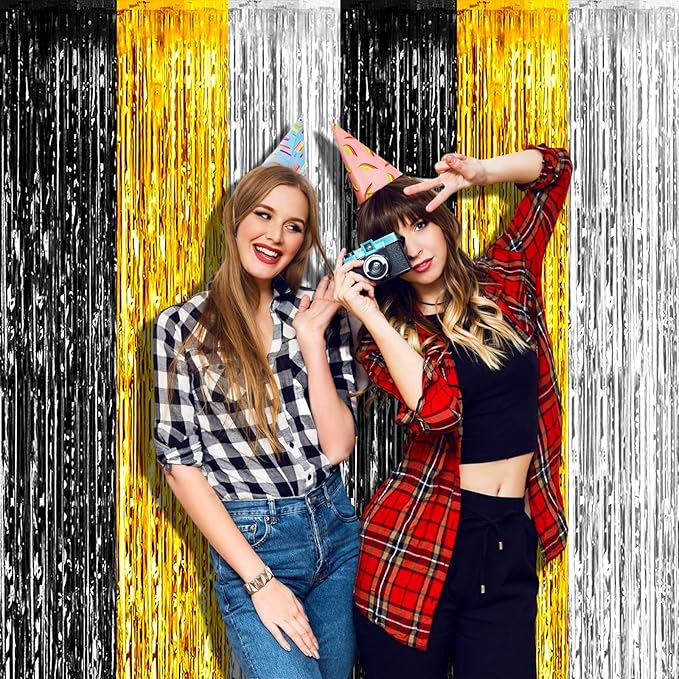 4 Pack 3.2Ft x 9.8Ft Black Gold Silver Foil Fringe Curtain Backdrop, Metallic Tinsel Foil Fringe Streamers for Photo Booth, Wedding, Notorious One Birthday Roaring 20s Graduation Party Decoration