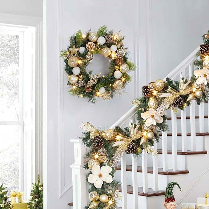 GarveeHome 6 ft Christmas Garland with Lights for Mantle, Lighted Battery Operated Christma Garland with Gold Balls Pine Cones Magnolia Flowers for Table Centerpiece Fireplace Window Outdoor Decor
