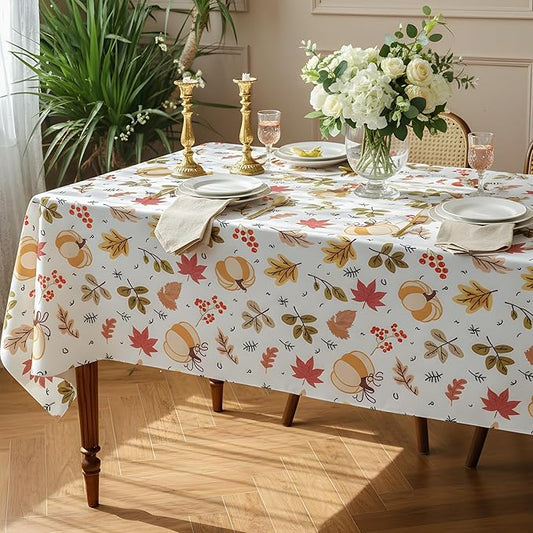 Thanksgiving Waterproof Tablecloth – Fall Harvest Pumpkins, Maple Leaves & Berries Print – Autumn Rectangle Table Cover for Dining or Party, White, W60 x L120 in