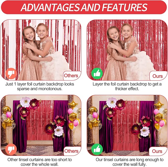 Crosize 3 Pack 3.3 x 9.9 ft Red Foil Fringe Curtains Party Decorations, Red Tinsel Curtain Backdrop for Parties, Door Streamers, Glitter Streamer Backdrop for Birthday Decoration, Preppy, Baby Shower