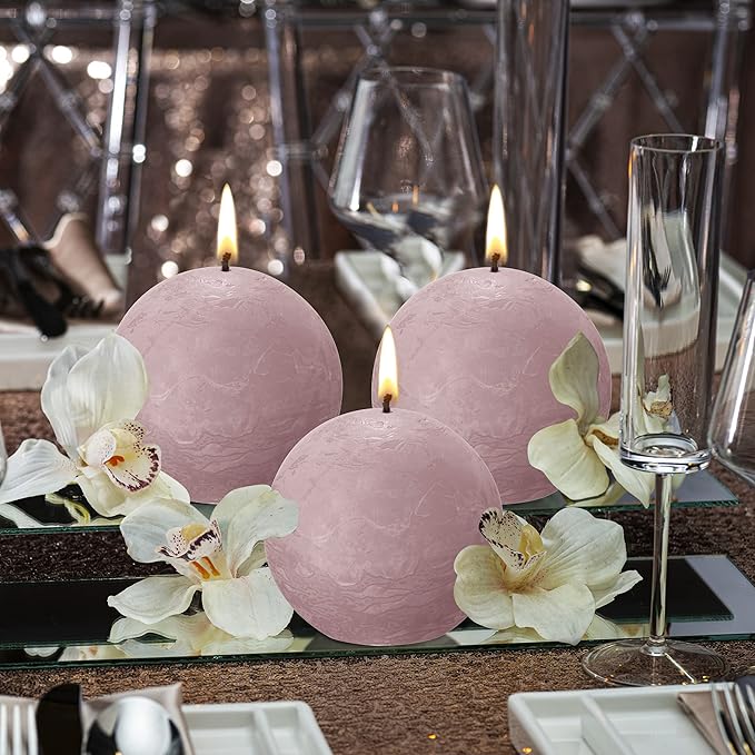 BOLSIUS 3 Pack Ash Rose Rustic Ball Pillar Candles - 3 Inch - Premium European Quality - Includes Natural Plant-Based Wax - Unscented Dripless Smokeless 25 Hour Party Décor and Wedding Candles
