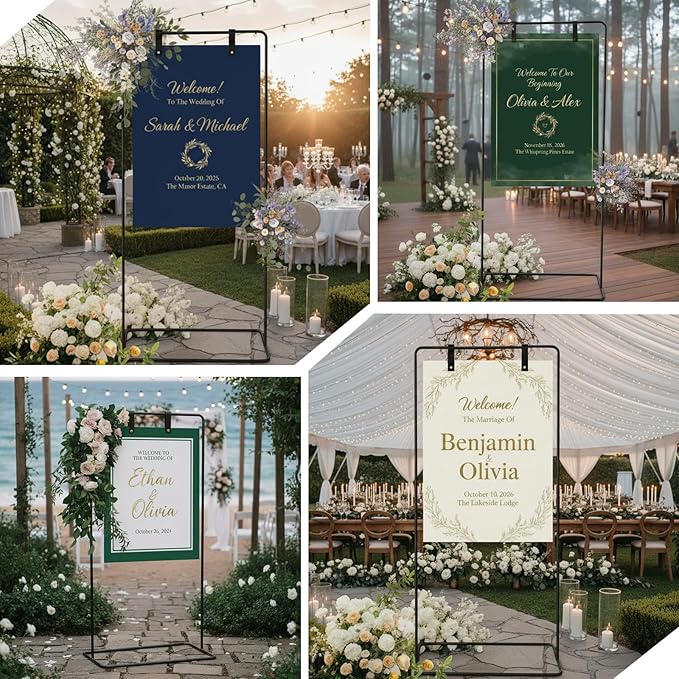 Adjustable Wedding Sign Stand, Wedding Welcome Sign Holder with Leather Sign Hanging Straps, Easel Stand for Sign Display Reception, Party Decor, Portable Sign Holder for Wedding & Baby Showers (Black)