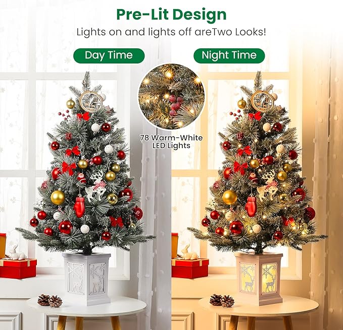 GarveeHome 3 ft Prelit Christmas Tree with 78 Warm Lights & Red Berry, Artificial Xmas Trees with Elk Light Box Base, for Home, Office, Fireside Christmas Decoration, Set of 2