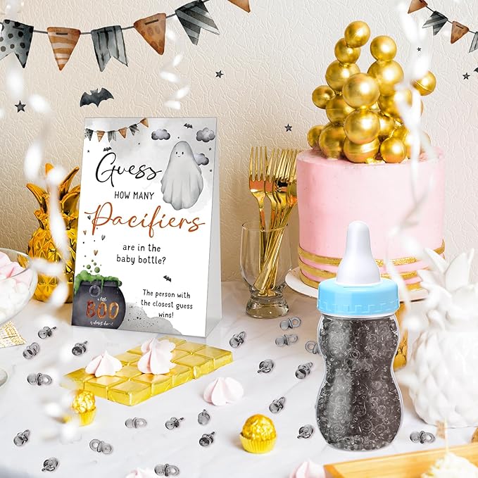 Roowest 512 Pcs Baby Shower Games Guess How Many Pacifiers Sign 100 Small Guessing Games 10 HB Pencils 750ml Milk Bottle 400 Acrylic Pacifiers Decoration for Guest Gender Reveal(Blue,Halloween)