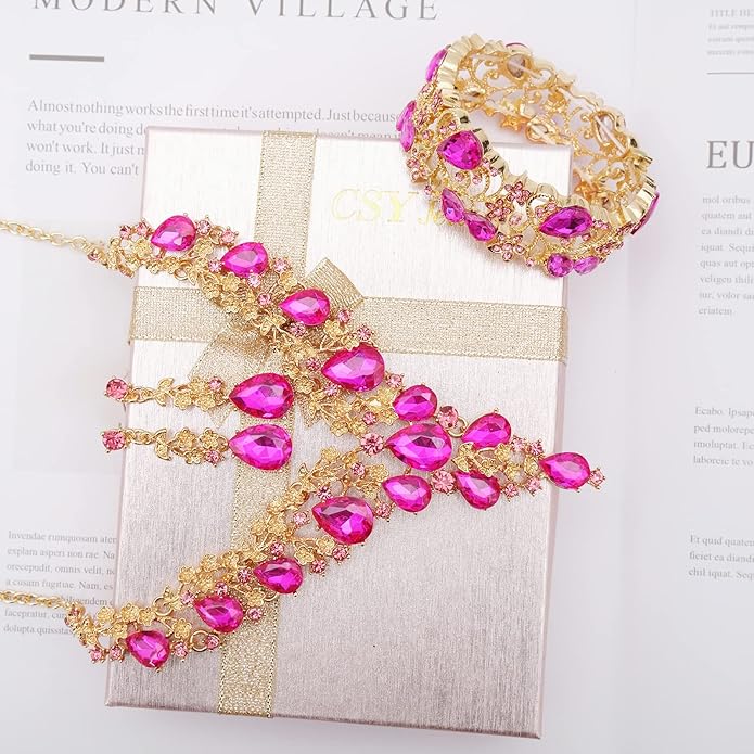 CSY Elegant Crystal Costume Jewelry Sets Flower Bridal Necklace Earrings Stretch Bangle Set for Bride Bridesmaid Wedding Dress Accessories