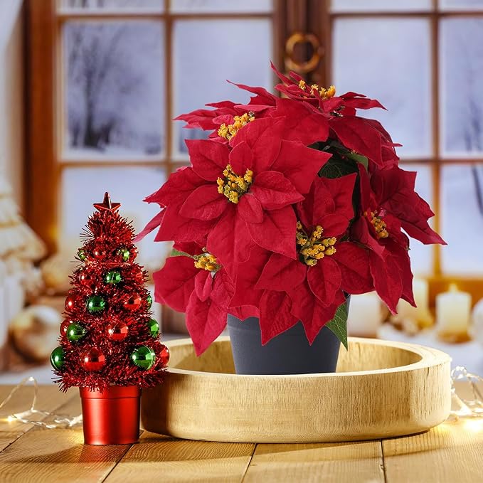 16" Poinsettias Artificial Christmas Flowers 11 Heads Fake Poinsettia Plants for Home Porch Garden Office Indoor Outdoor Christmas Winter Decorations Red