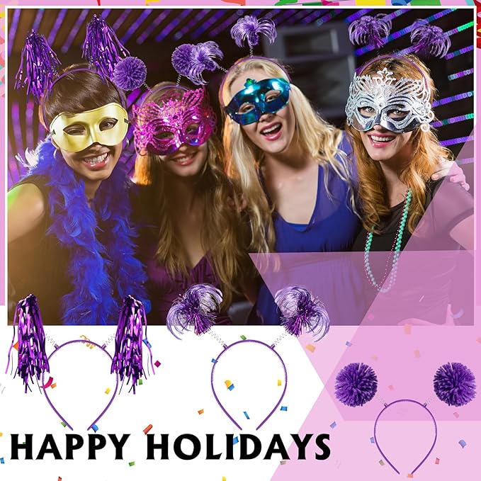 Censen 24 Pcs Pom Pom Headband Tinsel Wrapped Ponytail Head Bopper Costume Headwear Halloween Party Accessory