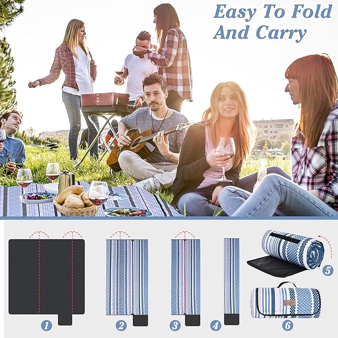 Oversized Waterproof Picnic Mat, Dustproof Washable Outdoor Beach Mat. Suitable for Camping, Outdoor, Beach, Party and Concert (Dark Blue & Light Blue, 80" x 60")