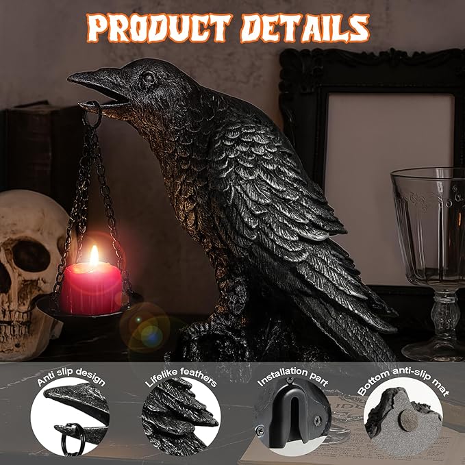 Halloween Decorations Outdoor Indoor Gothic Crow Wall Decor Table Candle Holder Raven Tealight Statue for Yard Patio Garden Bedroom Wearing Silver