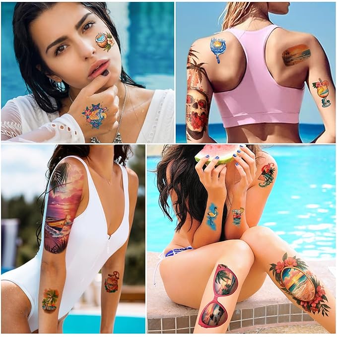 77 Sheets Temporary Tattoo for Women and Men, 17 Sheets Half Arm Beach Flower Skull Sunset Fake Tattoos, 60 Sheets Holiday Ocean Tiny for Adults Kids Body Tattoos Stickers Waterproof Realistic