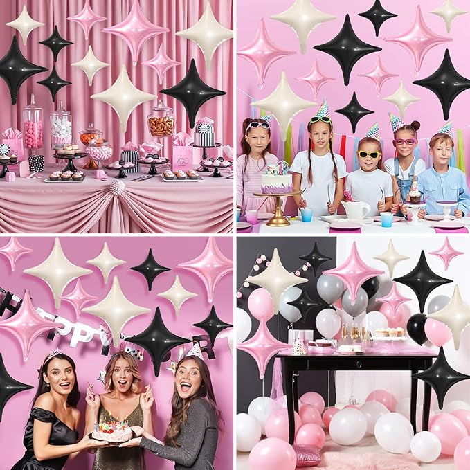 Pink Black Star Balloons,12Pcs Four Angle Star Foil Balloons,26Inch and 10Inch Pink White Quadrangle Helium Balloon for Birthday Baby Shower Anniversary Party Decorations