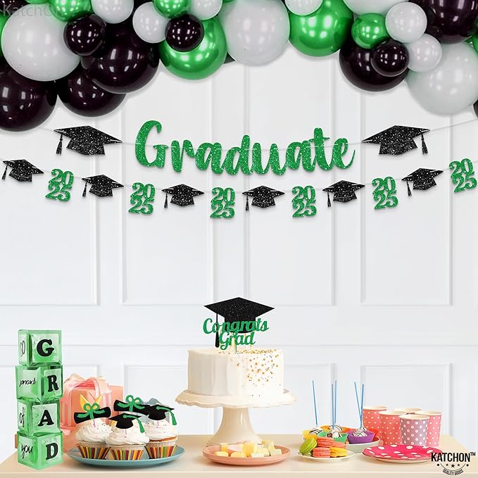 KatchOn, Glitter, Green and Black Graduation Banner - 10 Feet | Congrats Grad Banner for Grad Cap Decorations | Green Graduation Decorations 2025 | Congratulations Decorations | Class of 2025 Decorations